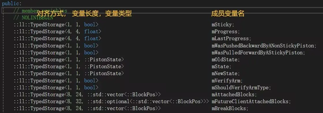 活塞方块实体类实例的所有成员变量的表